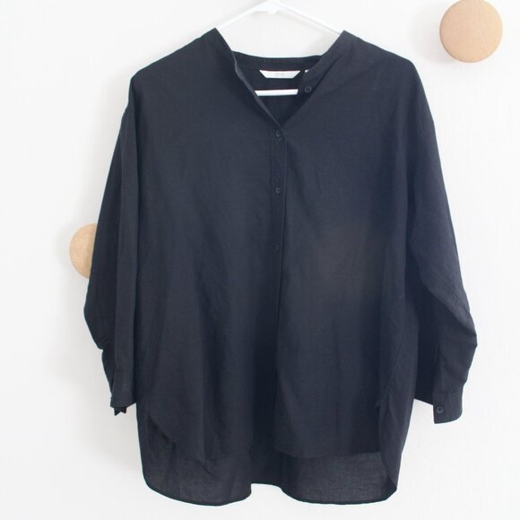 Uniqlo Collarless Button Down Long Sleeve Linen Top - Size Large - Picture 2 of 8